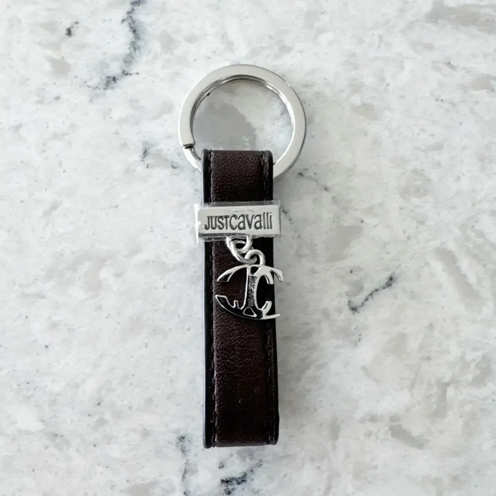 Just Cavalli‎ Leather Keychain Unisex One Size Brown Logo Anchor Charm
